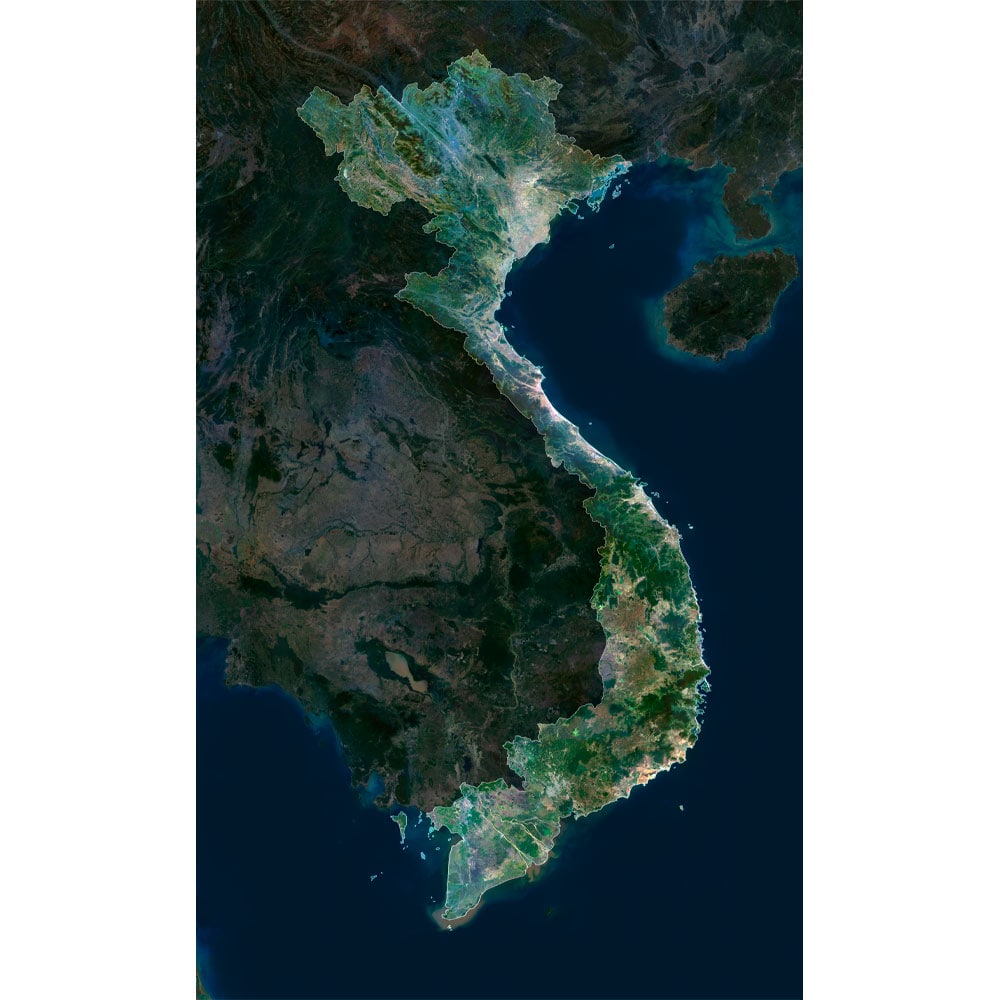 Vietnam Satellite Map - Detailed Topography High-resolution Vietnam satellite map displaying detailed topography.