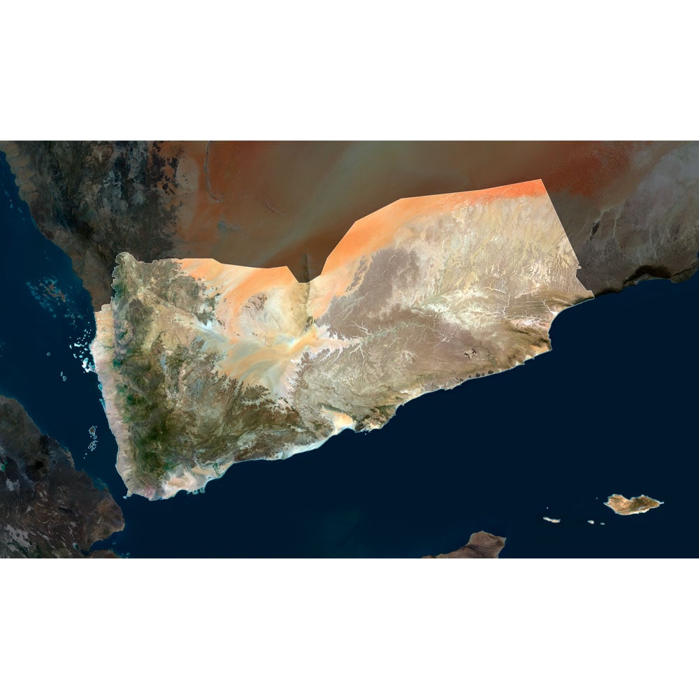 Yemen Satellite Map - Detailed Topography High-resolution Yemen satellite map displaying detailed topography.