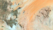 Satellite view of Yemen highlighting coastal areas and inland mountains.