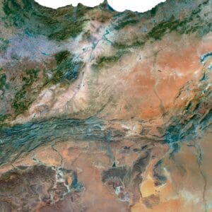 High-resolution satellite view showcasing Africa's diverse terrain and urban areas