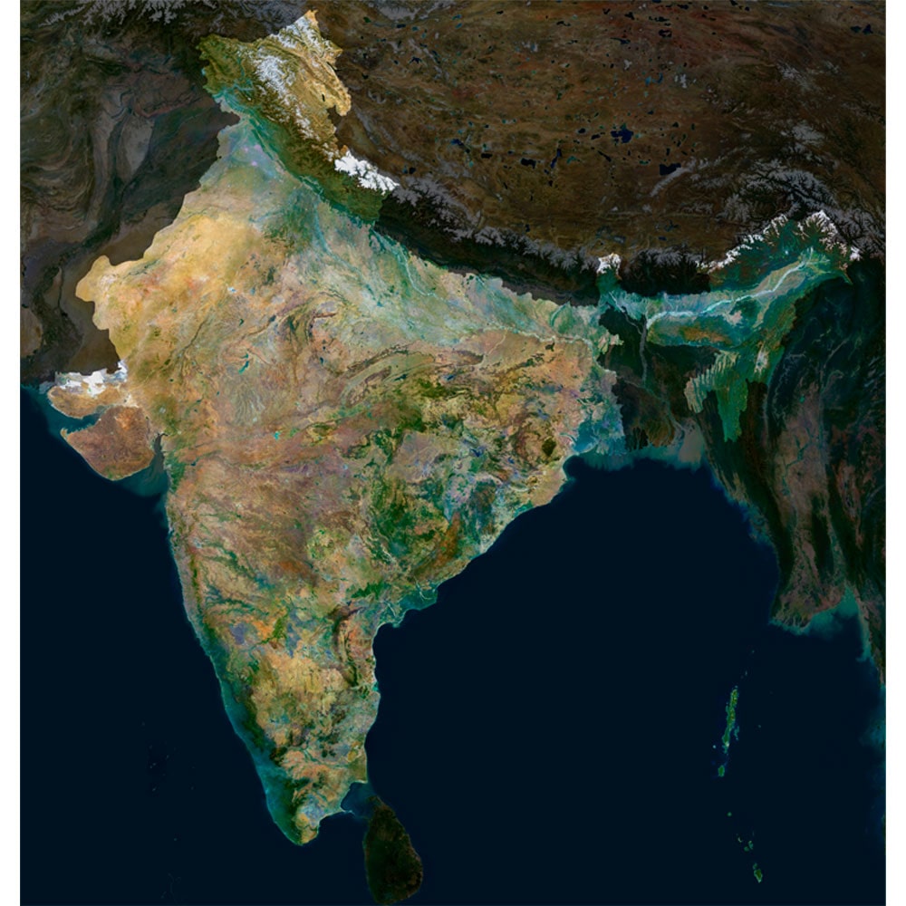Title: India Satellite Map - Detailed Topography High-resolution India satellite map displaying detailed topography.