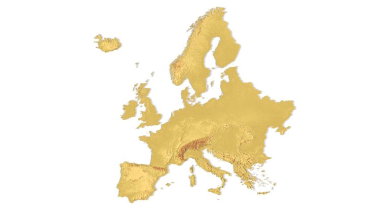 3D relief map of Europe with equidistant conic projection