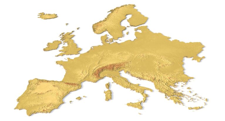 Angled view of Europe 3D topographic relief model for FDM & SLA printing