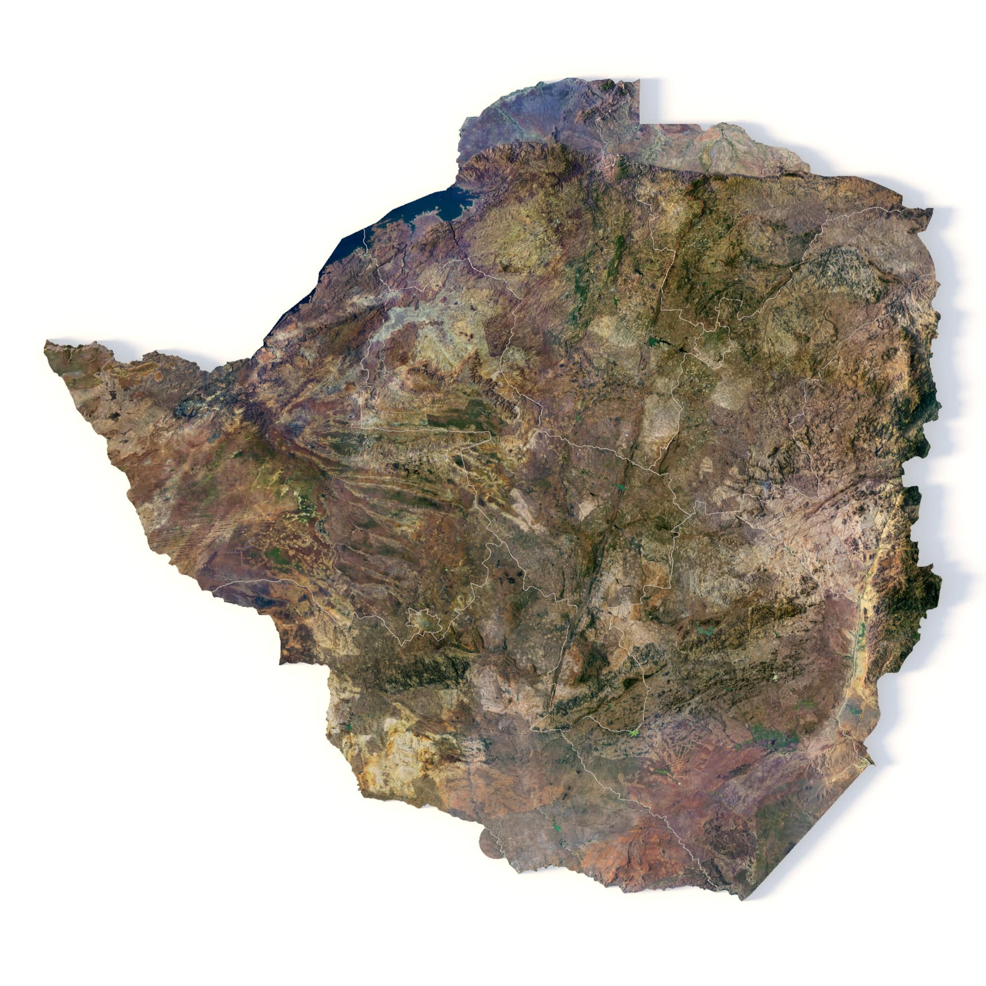 Zimbabwe 3D Map – Front View Render Realistic front view of Zimbabwe 3D map model ideal for presentations and classrooms.