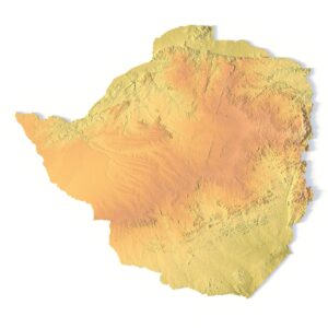 High-resolution 3D map of Zimbabwe showing terrain elevation