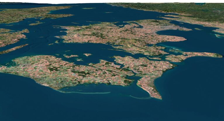 Terrain rendering example showcasing Denmark's geography