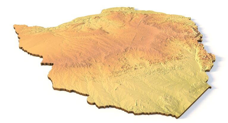 Realistic satellite-style 3D render of Zimbabwe for creative and educational rendering.