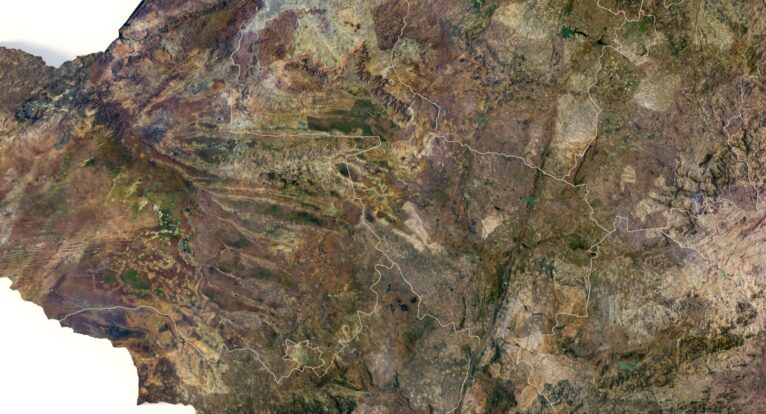 Zimbabwe 3D model showing detailed terrain and borders in high-resolution render.