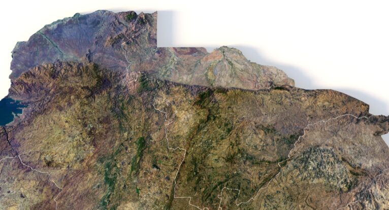 Physical map of Zimbabwe in 3D with mountains, rivers, and elevation for educational projects.