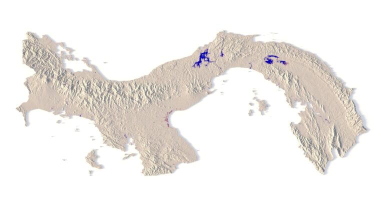 Render of Panama’s topographic model showing landforms