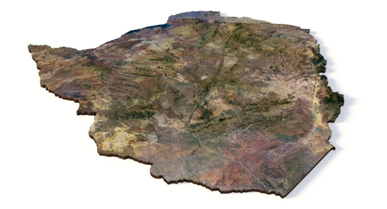 Artistic angled view of 3D model of Zimbabwe used in academic and creative work.