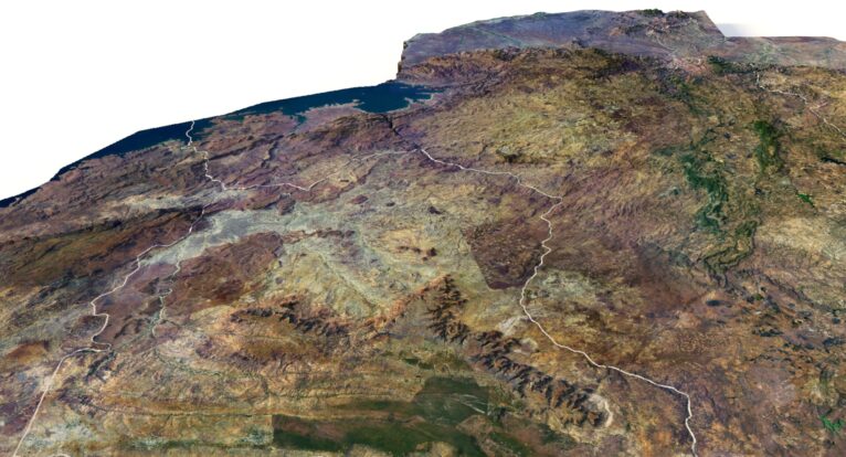 Rendered perspective of Zimbabwe landscape in 3D model format, great for school use.