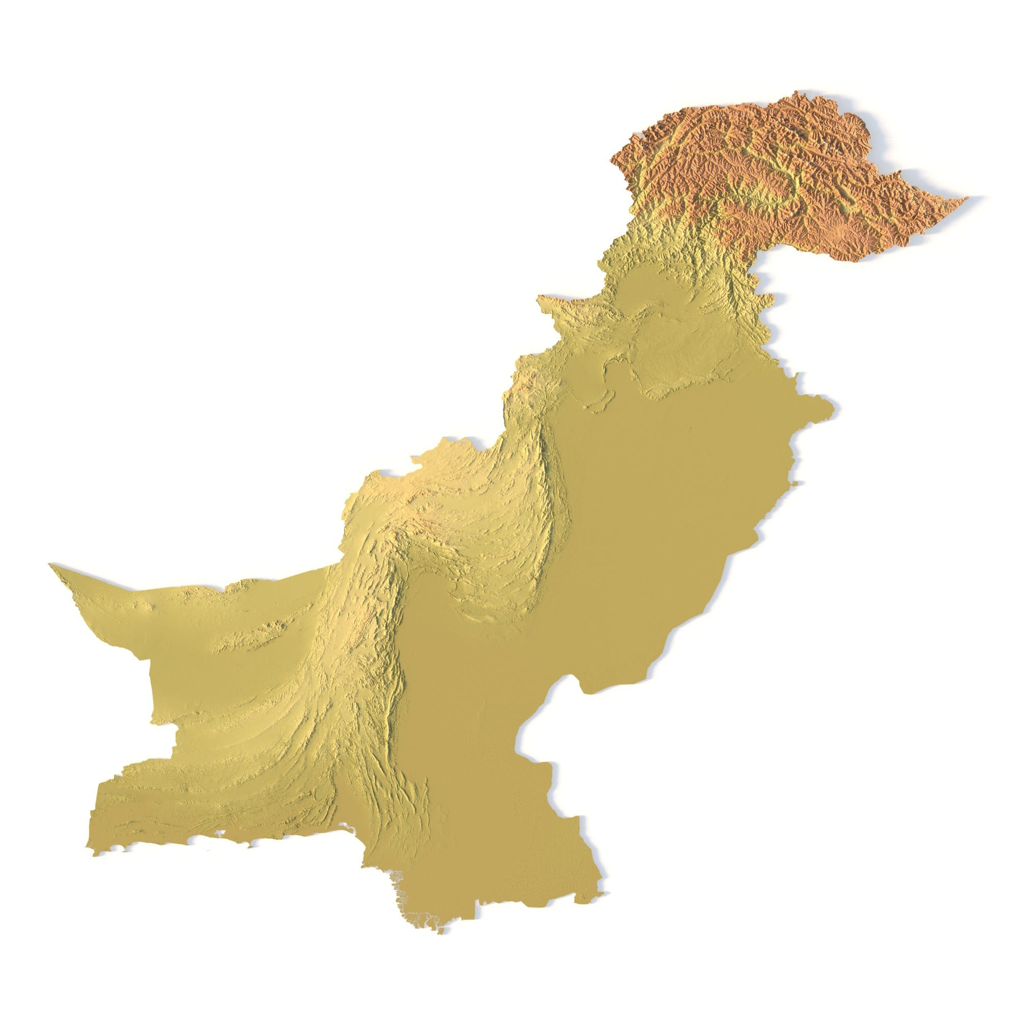 Pakistan Topographic STL Map – Front View 3D terrain model of Pakistan in STL format, front view