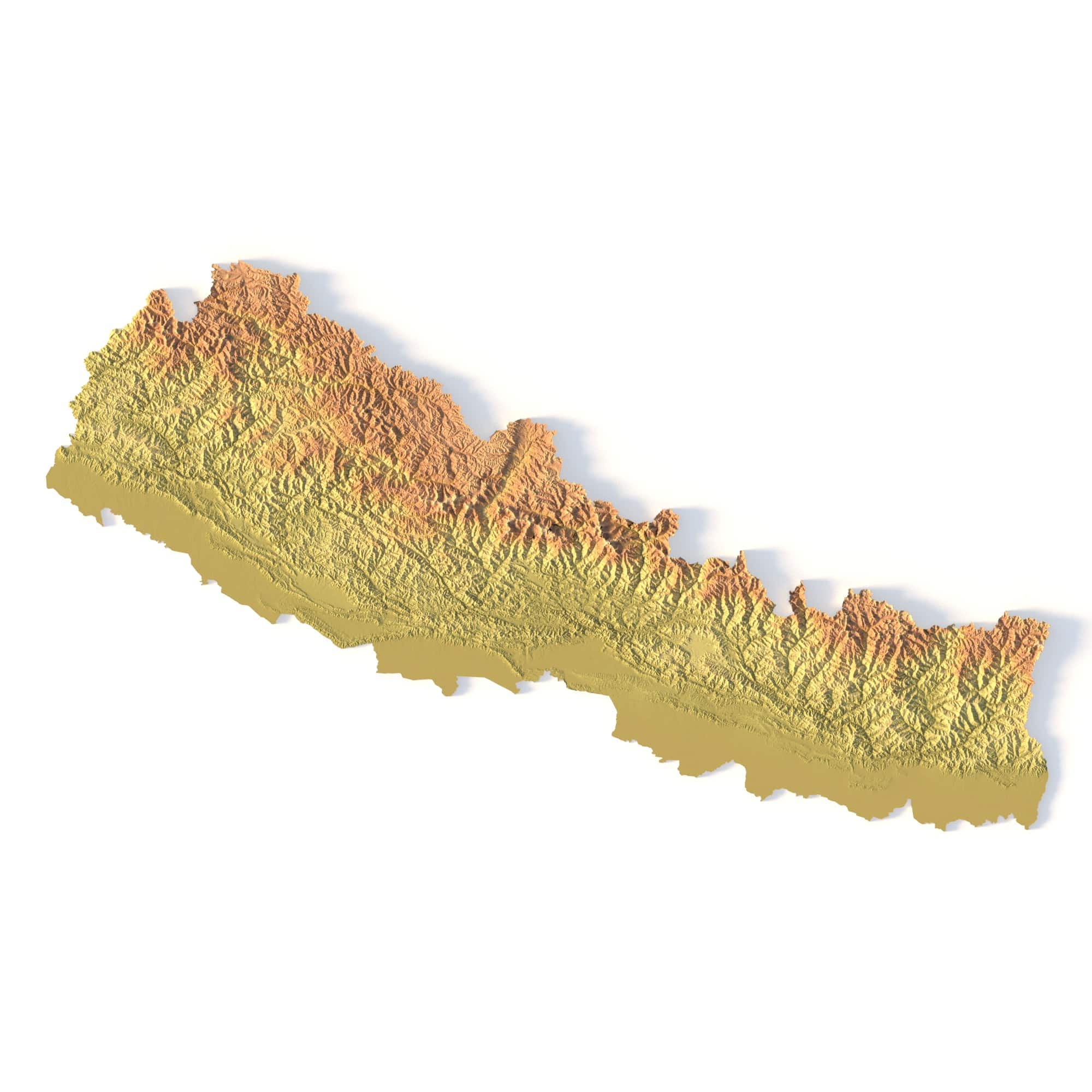 Nepal Topographic STL Map – Front View 3D terrain model of Nepal in STL format, front view