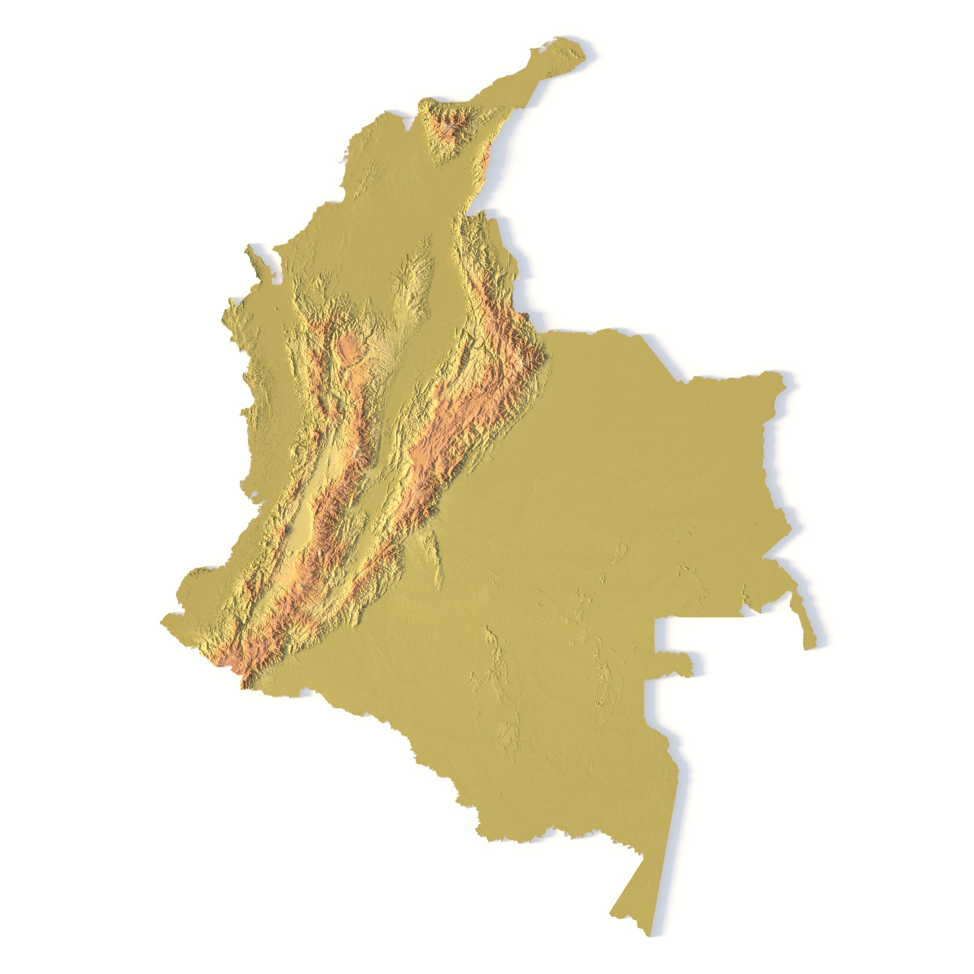 Colombia Topographic STL Map – Front View 3D terrain model of Colombia in STL format, front view