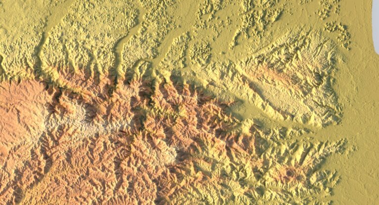 Close-up of Maya Mountains terrain in STL model