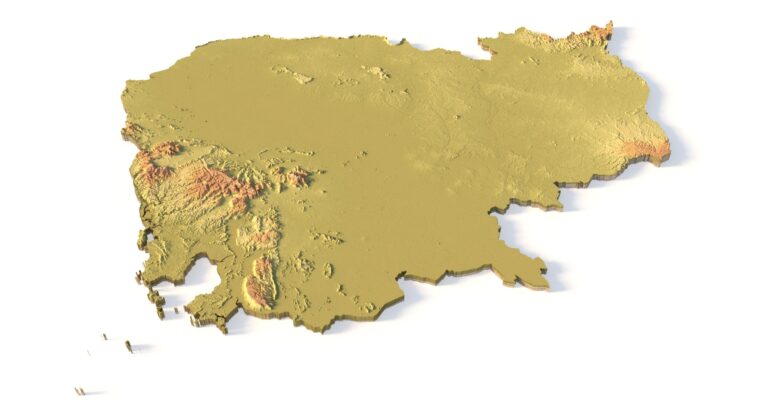 Isometric view of Cambodia’s 3D terrain STL map