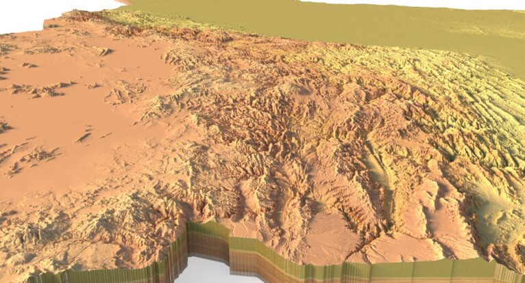 Side view of Bolivia’s detailed STL terrain model