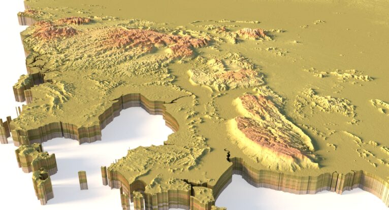 Side view of Cambodia’s detailed STL terrain model