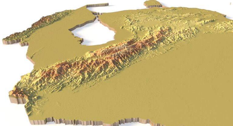 Side view of Venezuela’s detailed STL terrain model