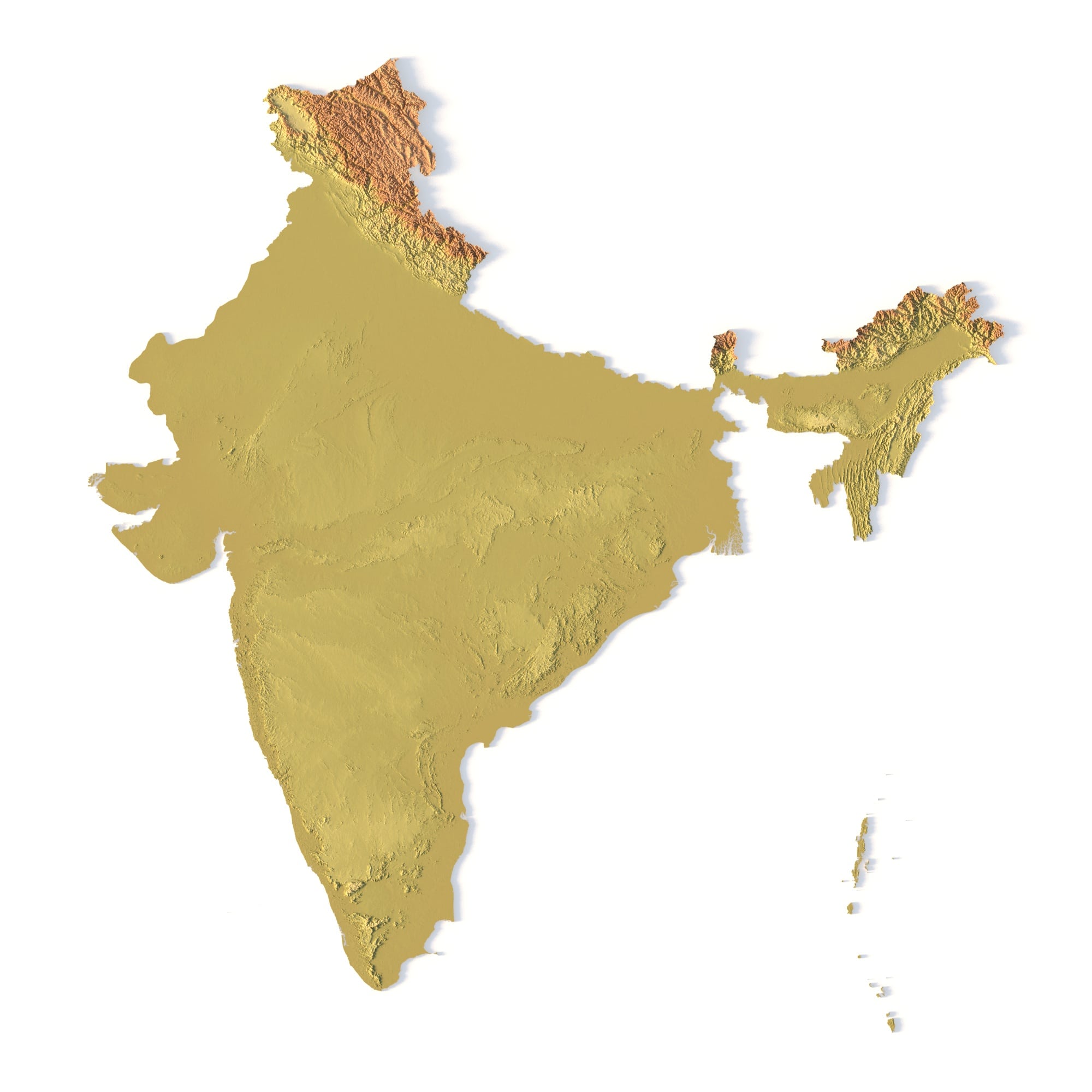 India Topographic STL Map – Front View 3D terrain model of India in STL format, front view