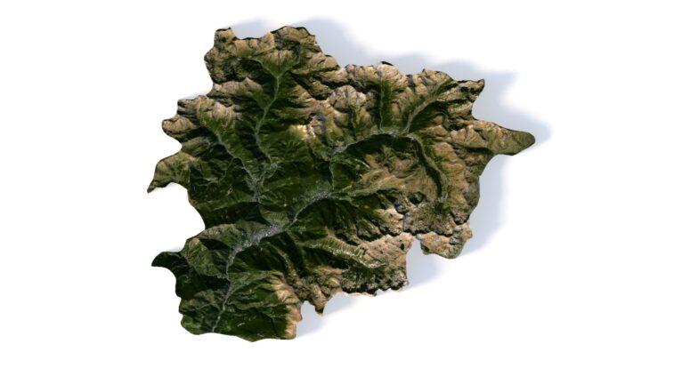 3D model Andorra — isometric render showing terrain and pseudo-color texture